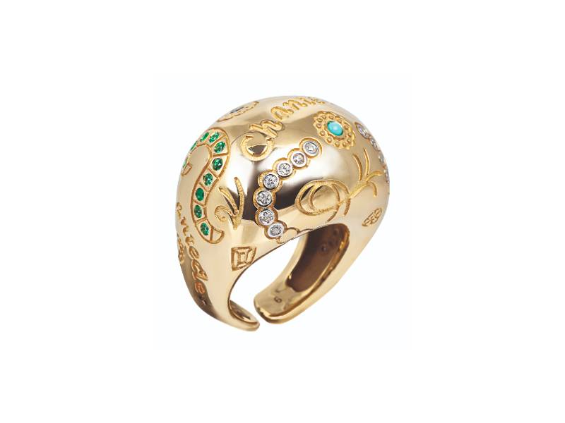 9KT YELLOW GOLD LARGE BAND RING WITH TURQUOISE, SAPPHIRES, RUBIES, EMERALDS AND DIAMONDS SUAMEM CHANTECLER 31870